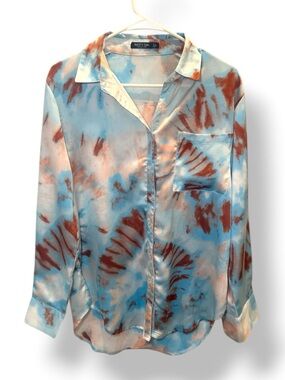 Nasty Gal Blue Tie-Dye Oversized Button-Down Shirt Size 4 brown maximalism